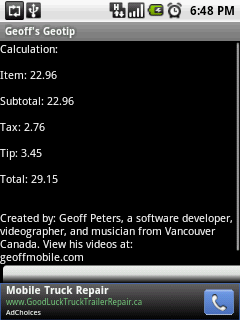 Geoff's GeoTip for Android - restaurant tip calculator screenshot